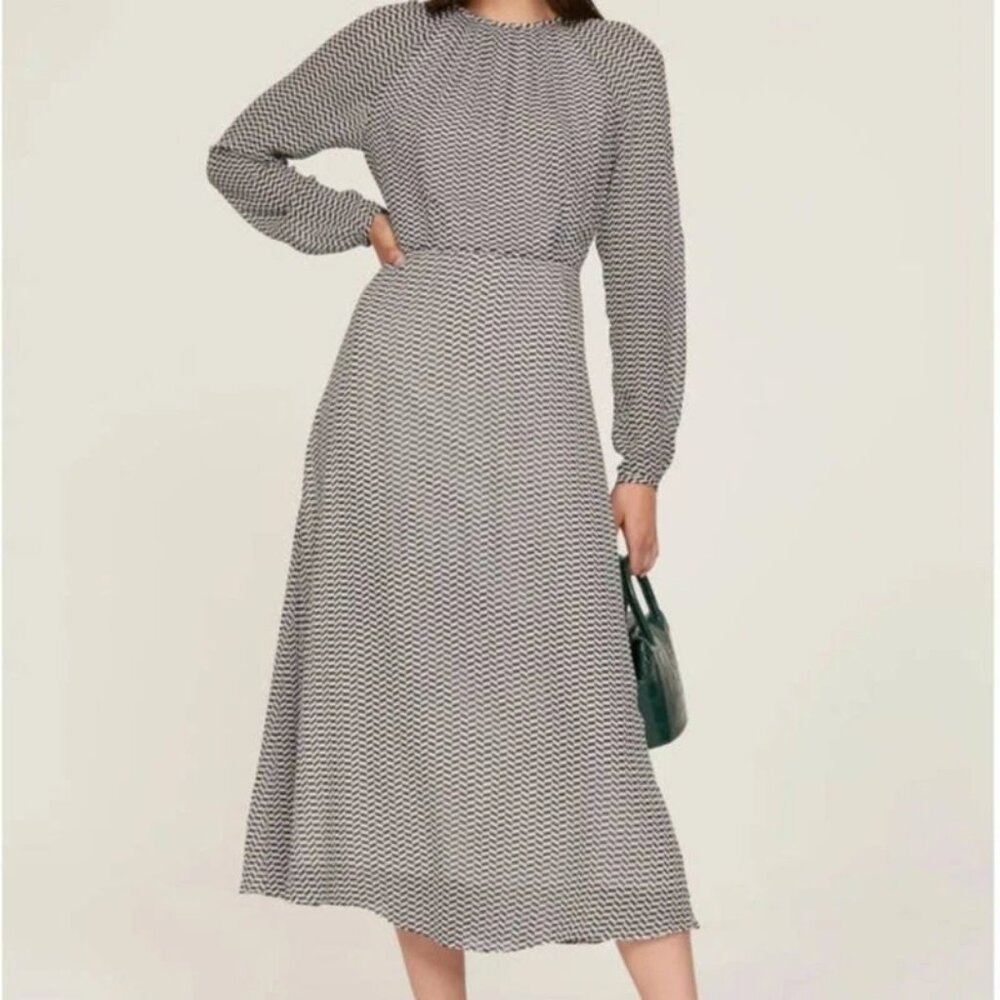 LK Bennett Addison Geo Print Midi Dress 4 Black Cream Long Sleeve Designer Chic